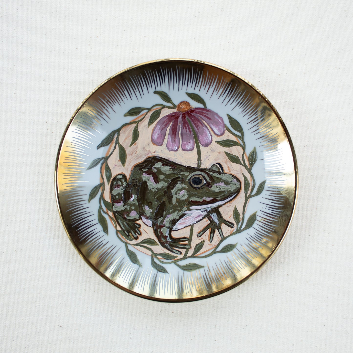 "Lucky Toad" Original Acrylic Painting on Vintage Plate