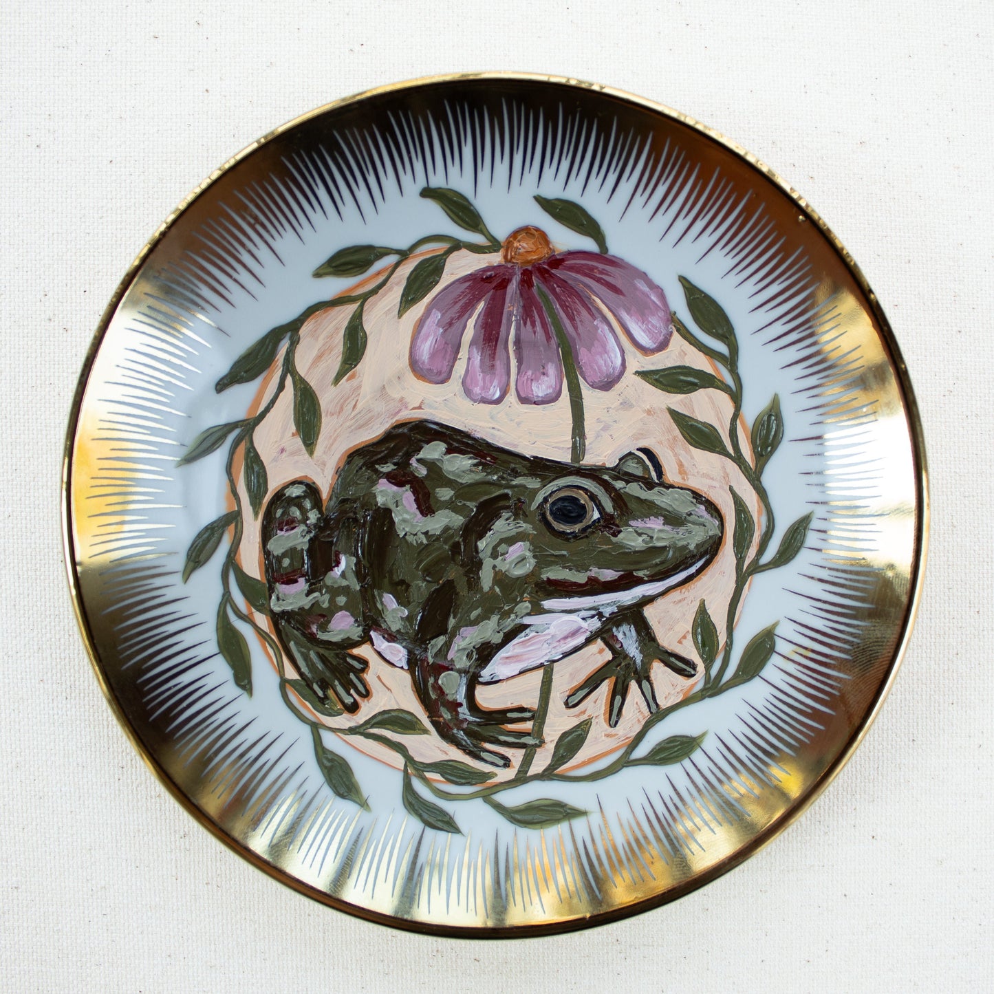 "Lucky Toad" Original Acrylic Painting on Vintage Plate