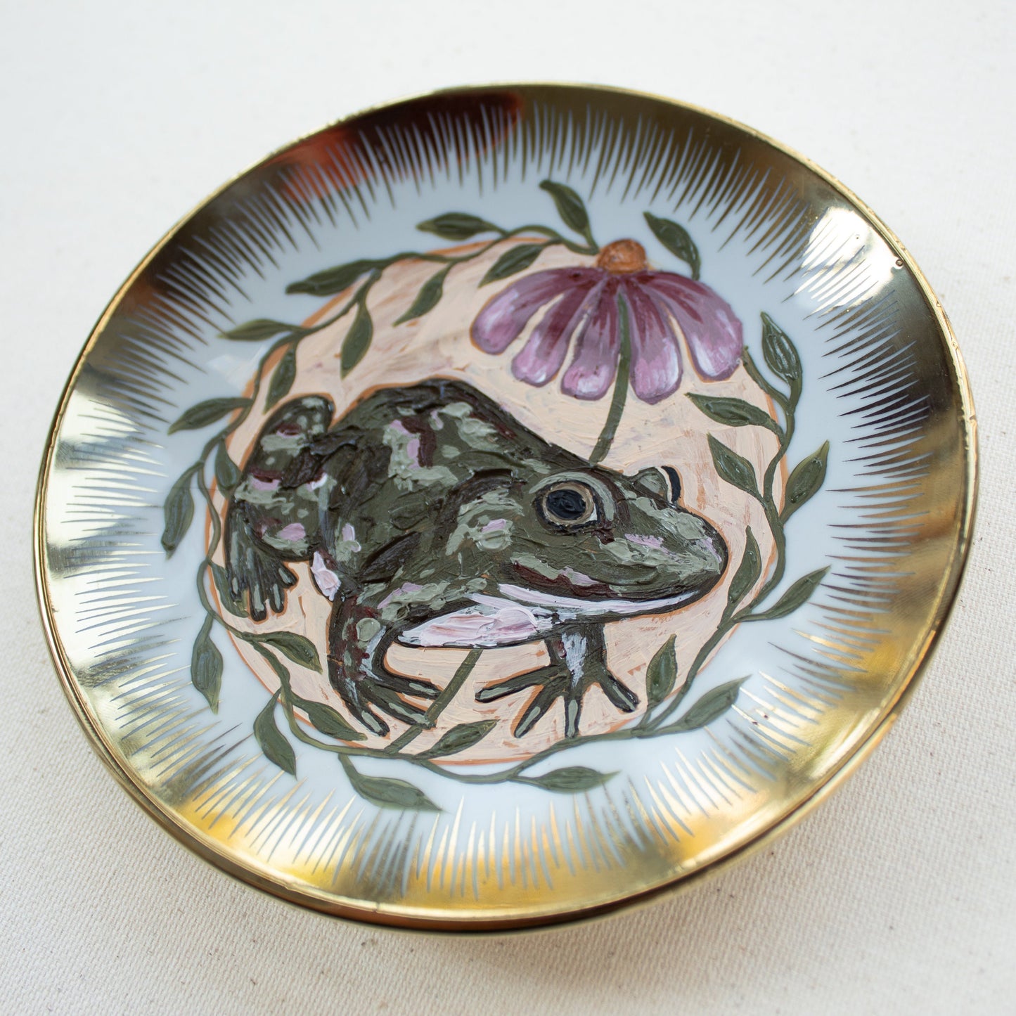 "Lucky Toad" Original Acrylic Painting on Vintage Plate