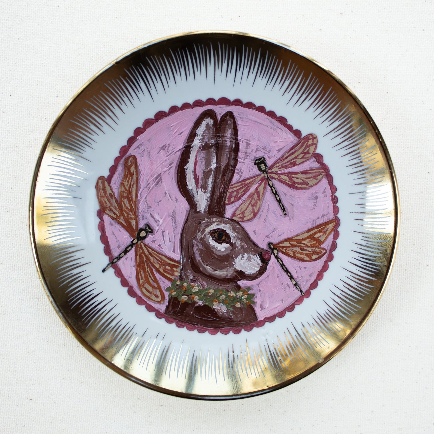 "Daydreams" Rabbit Original Acrylic Painting on Vintage Plate