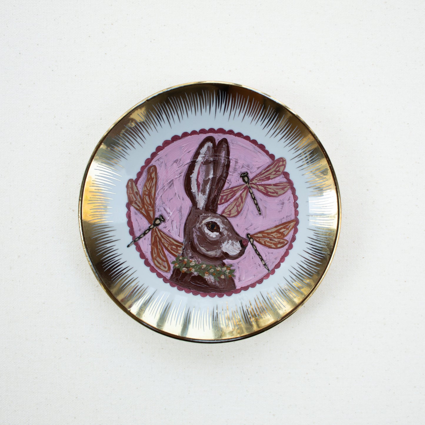 "Daydreams" Rabbit Original Acrylic Painting on Vintage Plate