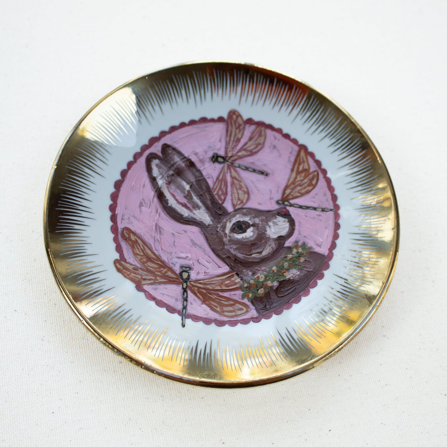 "Daydreams" Rabbit Original Acrylic Painting on Vintage Plate