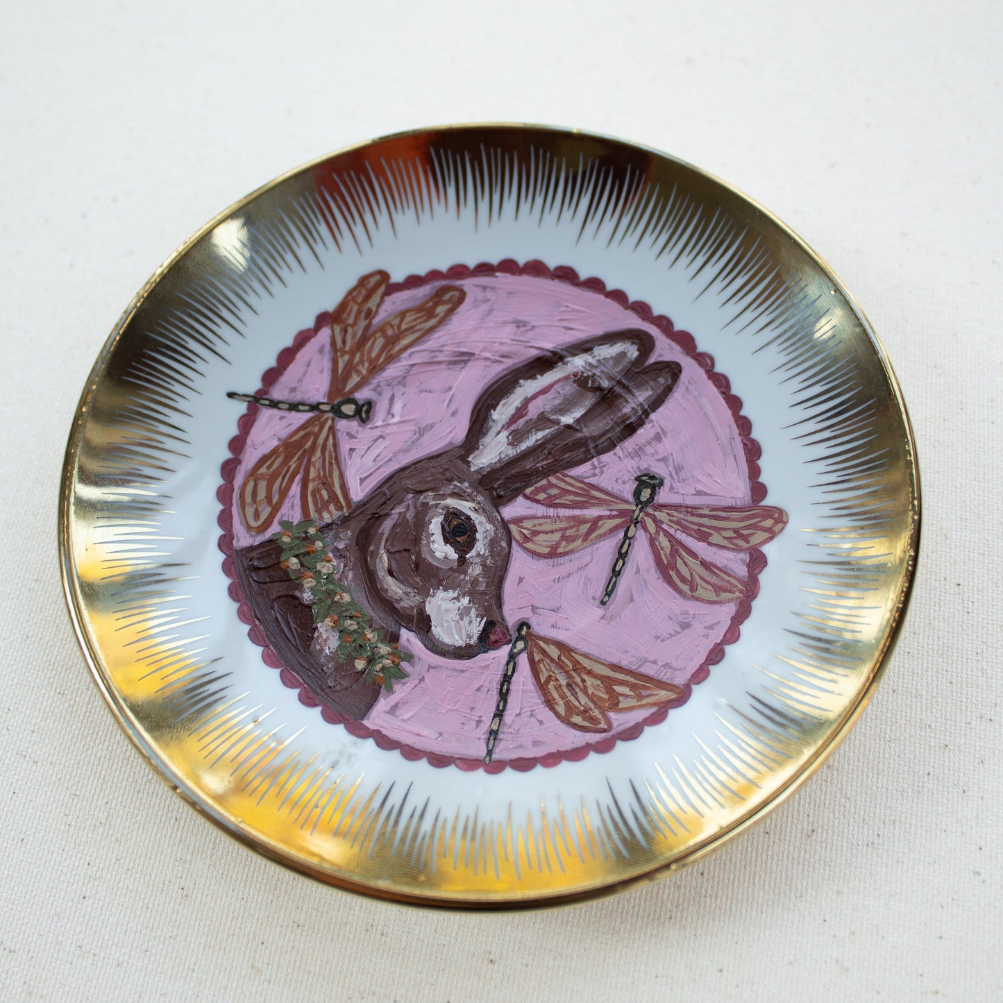 "Daydreams" Rabbit Original Acrylic Painting on Vintage Plate