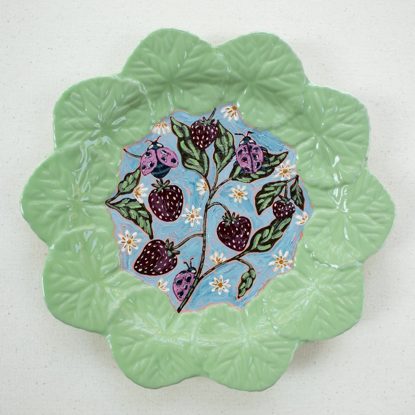 "Ladybugs and Berries" Original Acrylic Painting on Ceramic Plate