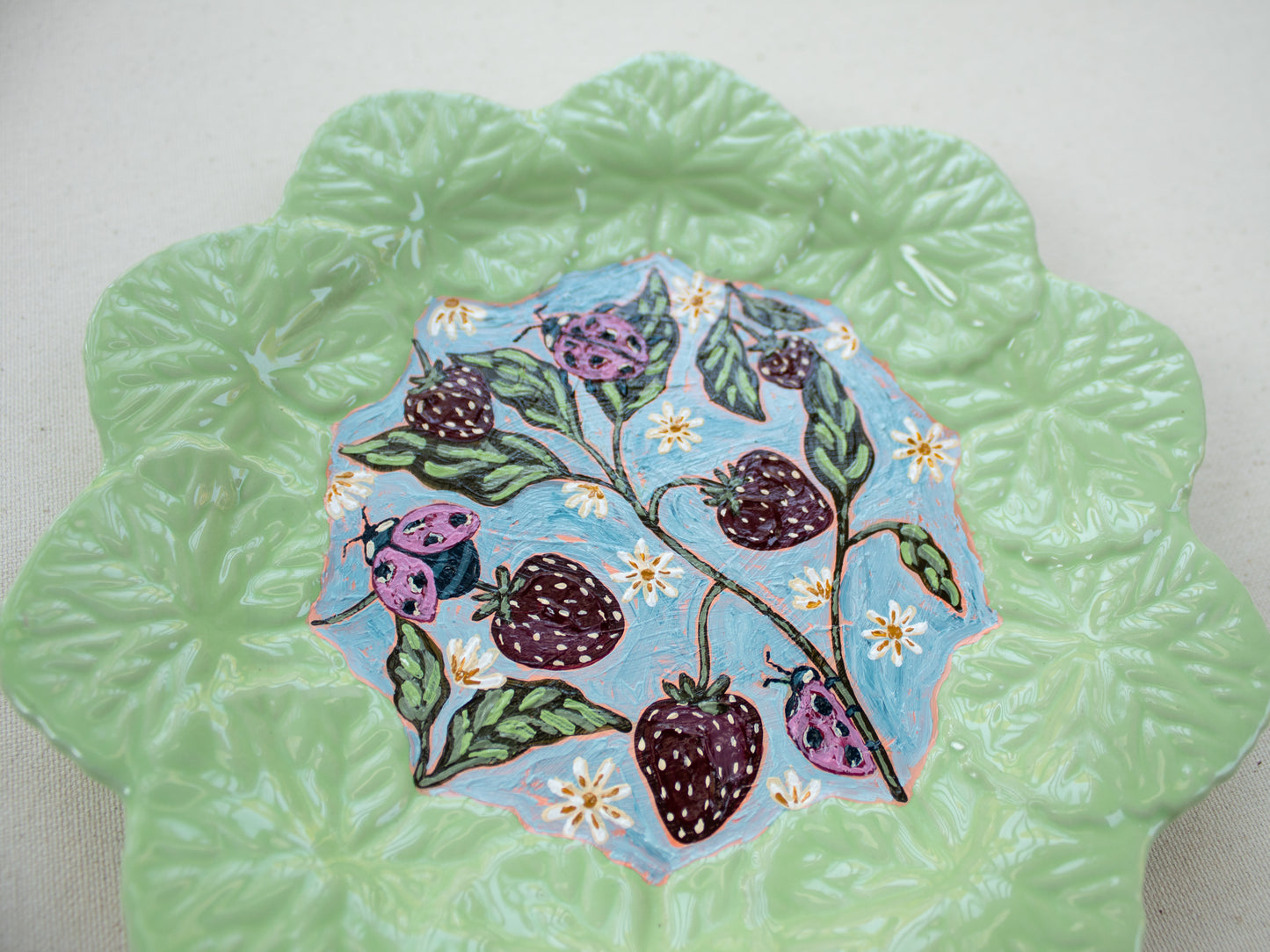 "Ladybugs and Berries" Original Acrylic Painting on Ceramic Plate