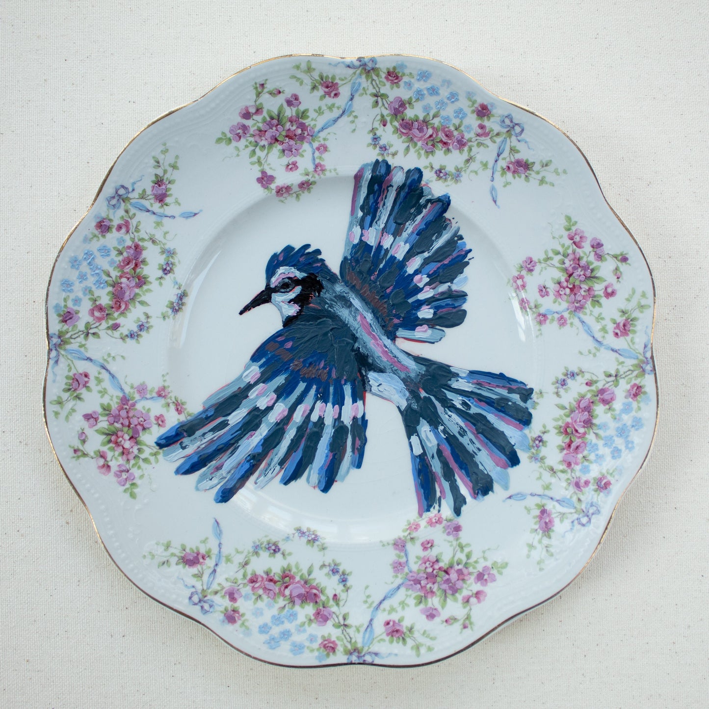 "Bluejays and Bows" Original Acrylic Painting on Vintage China Plate