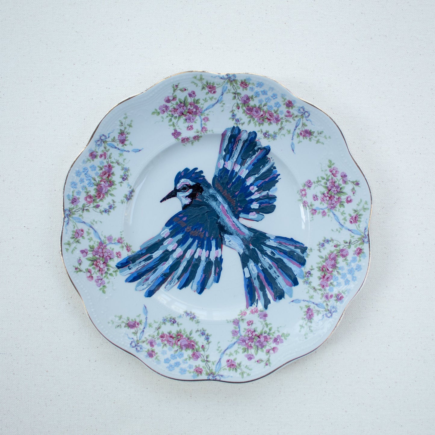 "Bluejays and Bows" Original Acrylic Painting on Vintage China Plate