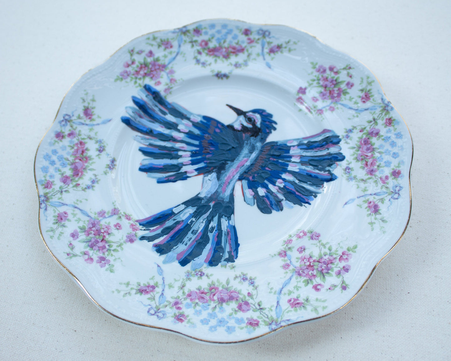"Bluejays and Bows" Original Acrylic Painting on Vintage China Plate