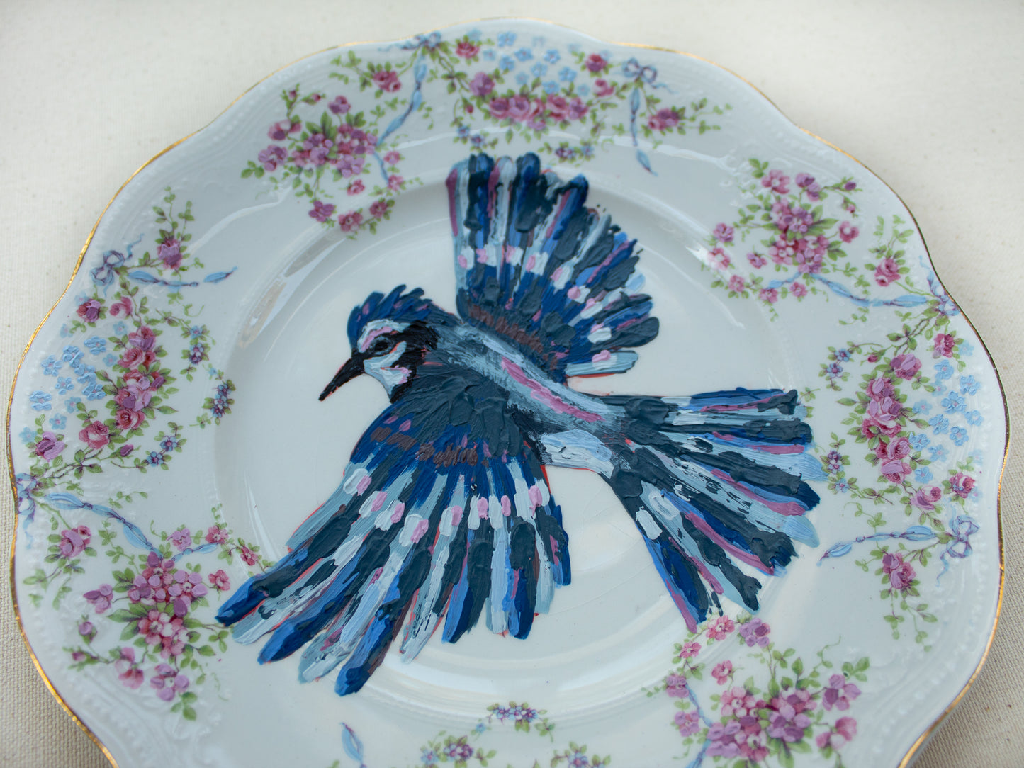 "Bluejays and Bows" Original Acrylic Painting on Vintage China Plate