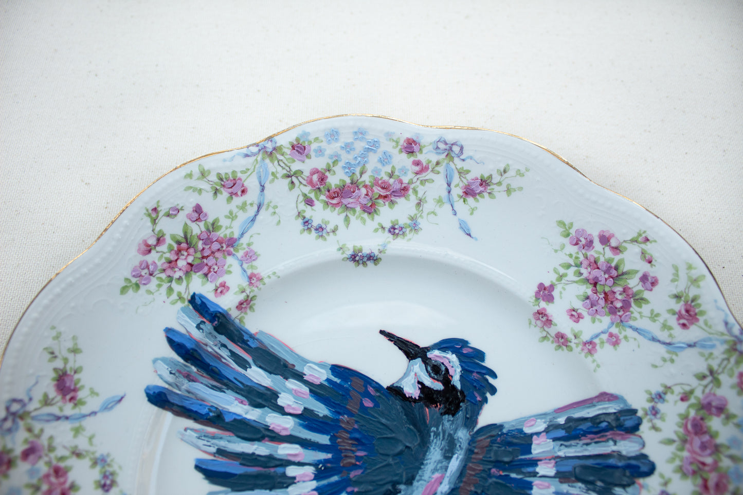 "Bluejays and Bows" Original Acrylic Painting on Vintage China Plate