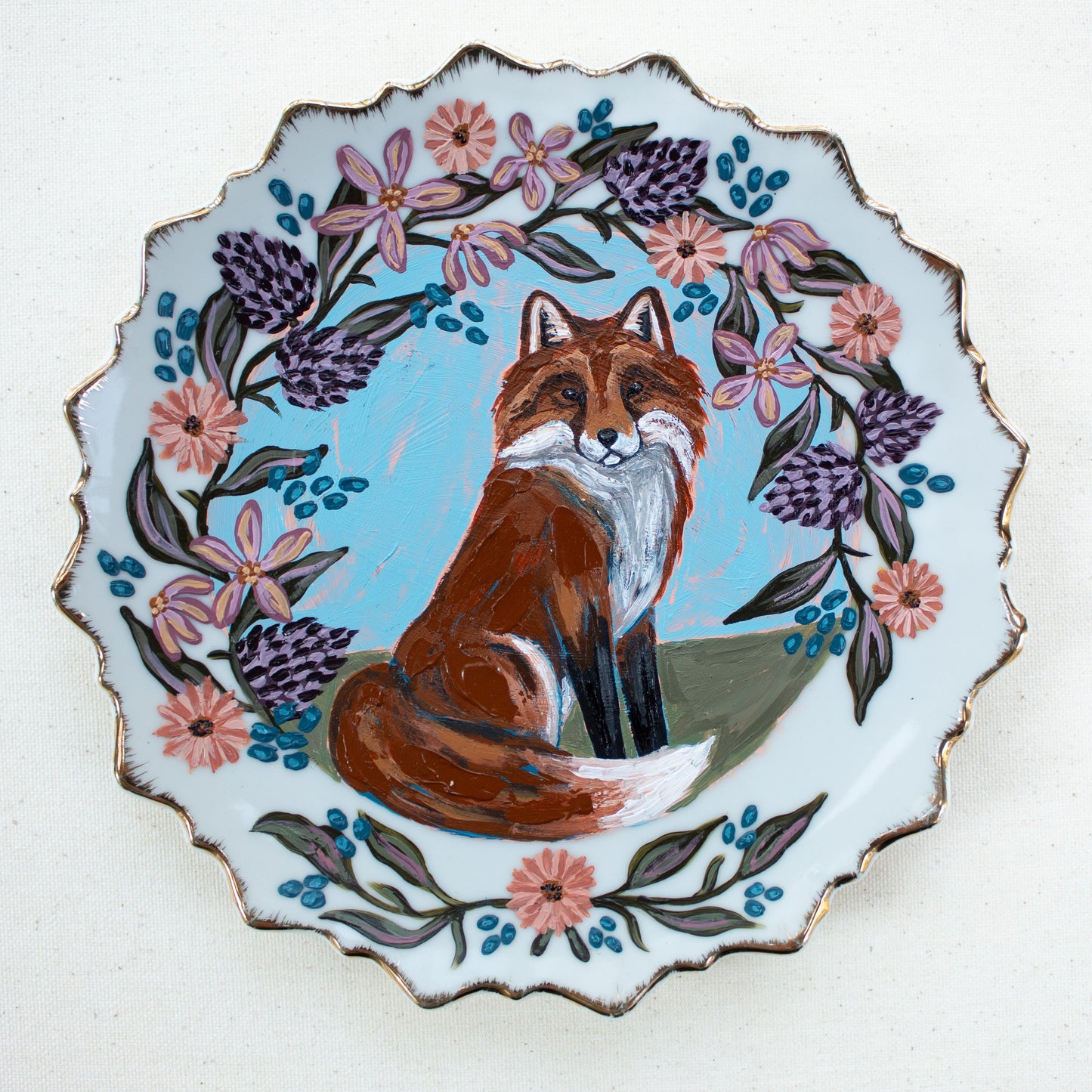 "Fox and Floral" Original Acrylic Painting on Vintage China Plate