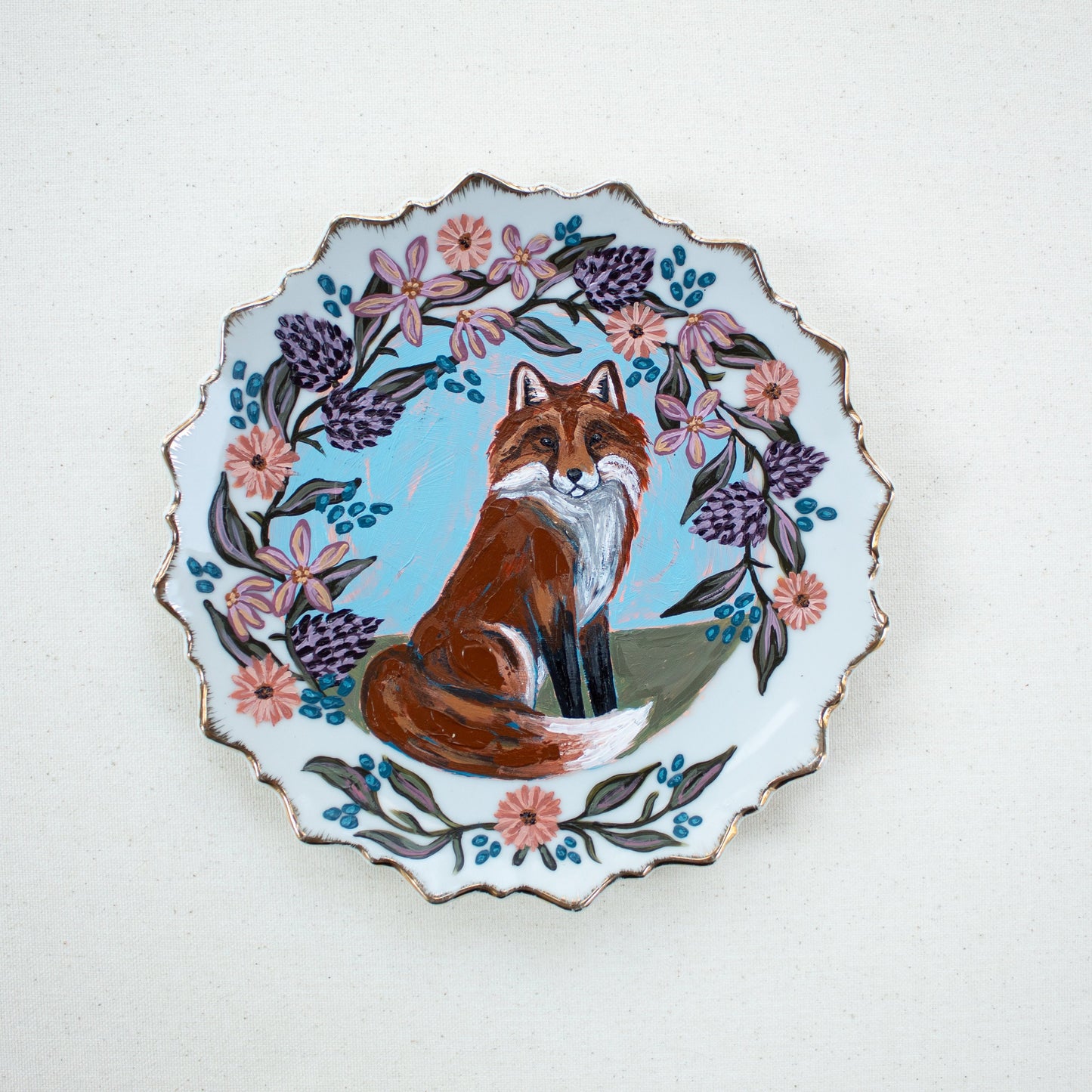 "Fox and Floral" Original Acrylic Painting on Vintage China Plate