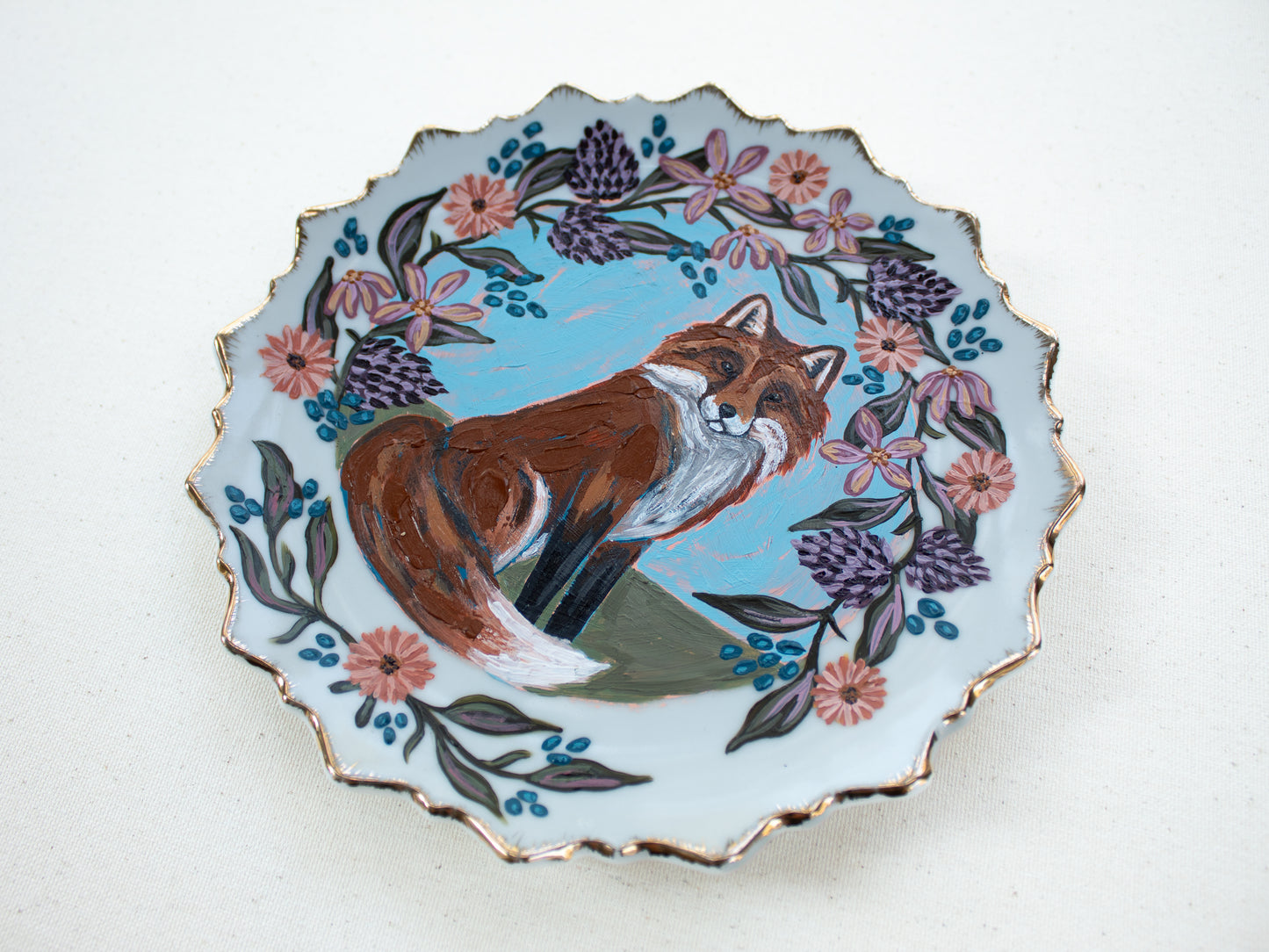 "Fox and Floral" Original Acrylic Painting on Vintage China Plate