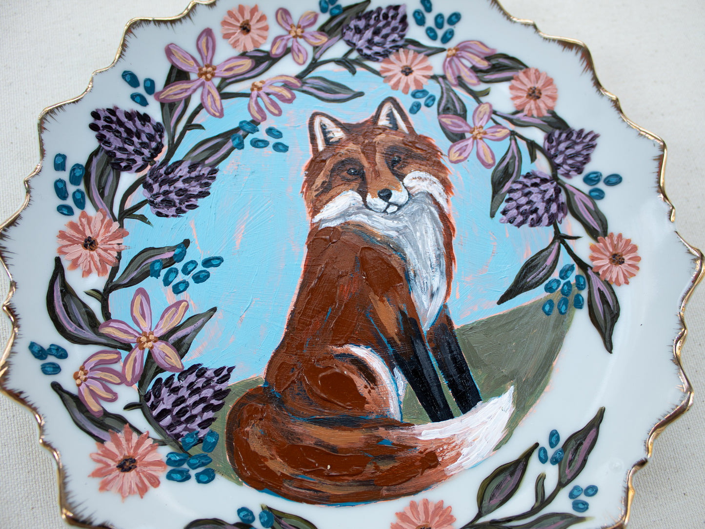 "Fox and Floral" Original Acrylic Painting on Vintage China Plate
