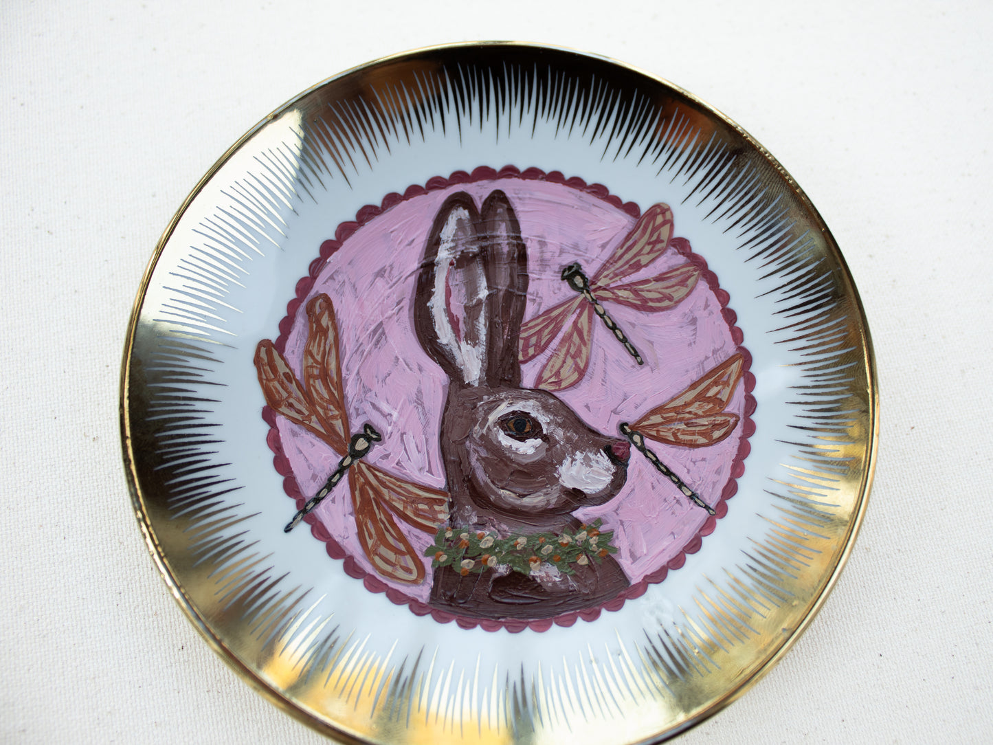 "Daydreams" Rabbit Original Acrylic Painting on Vintage Plate