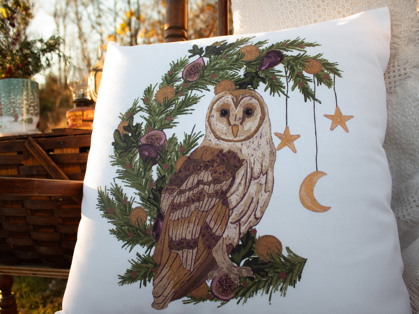 Woodland Owl & Wreath Holiday Pillow Case