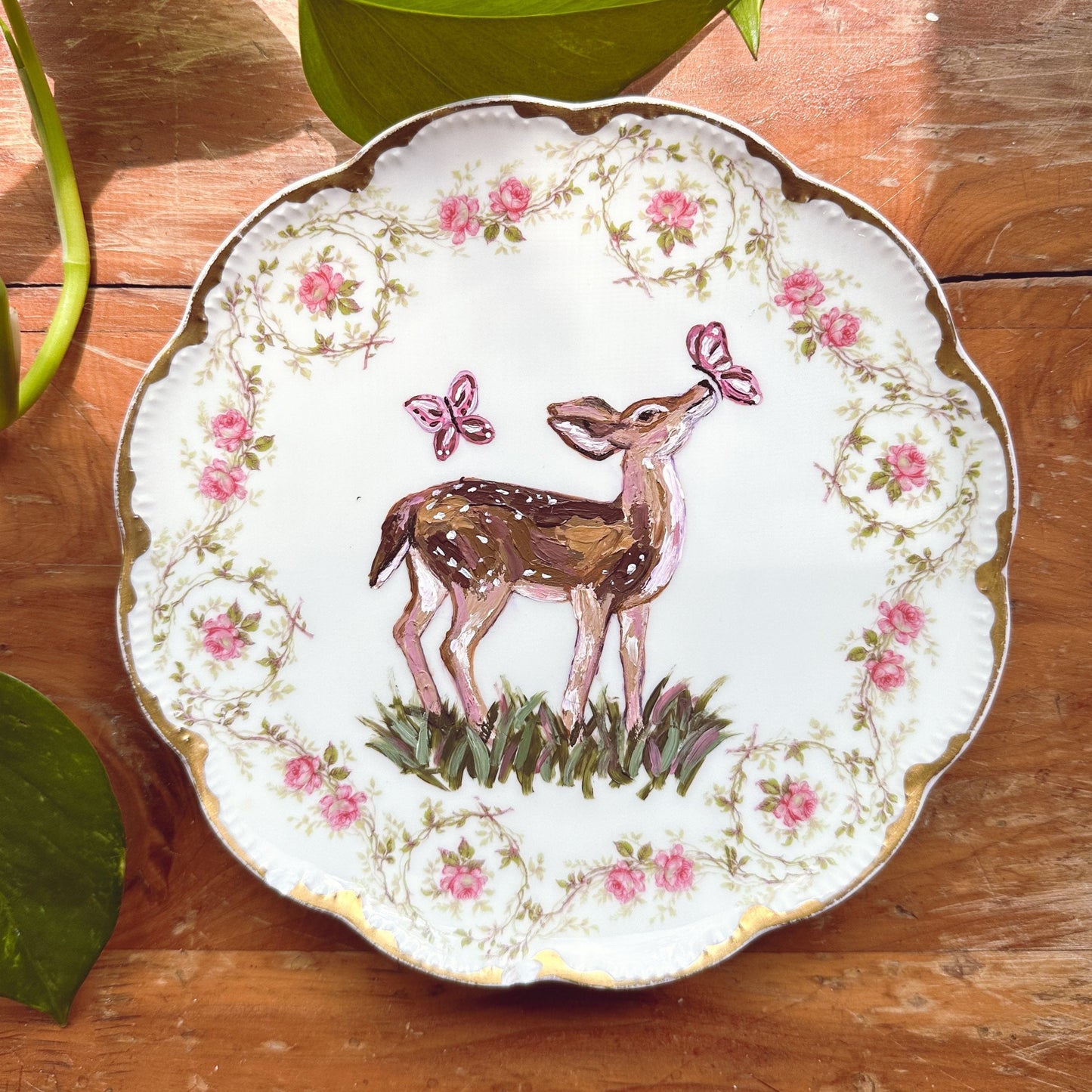 "Fluttering Company" Original Painting | Hand Painted Deer on Floral Vintage China