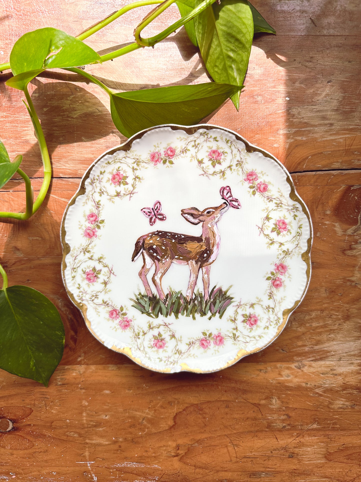 "Fluttering Company" Original Painting | Hand Painted Deer on Floral Vintage China
