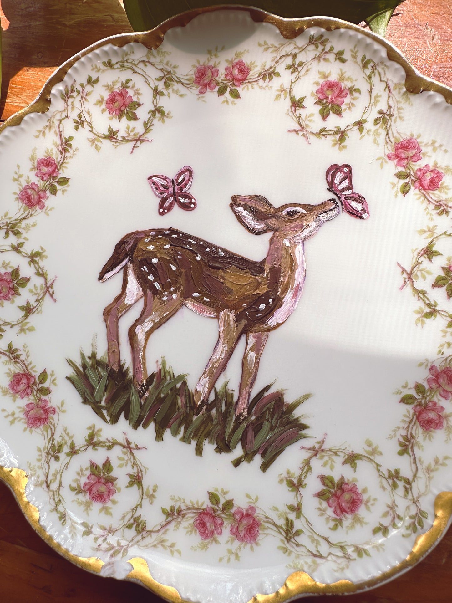 "Fluttering Company" Original Painting | Hand Painted Deer on Floral Vintage China