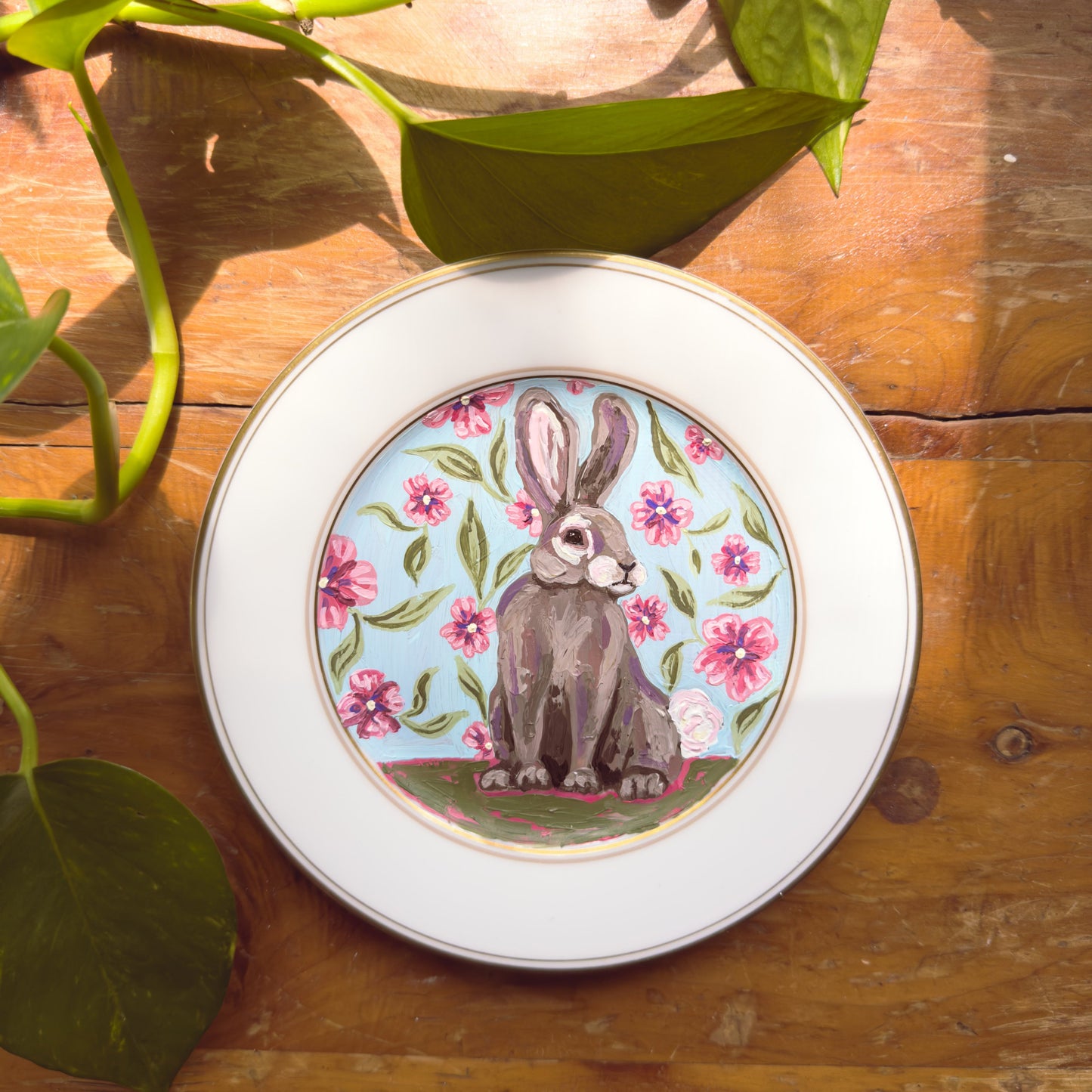"A Floral Daydream" Original Art | Rabbit & Floral Painting on Ceramic Plate