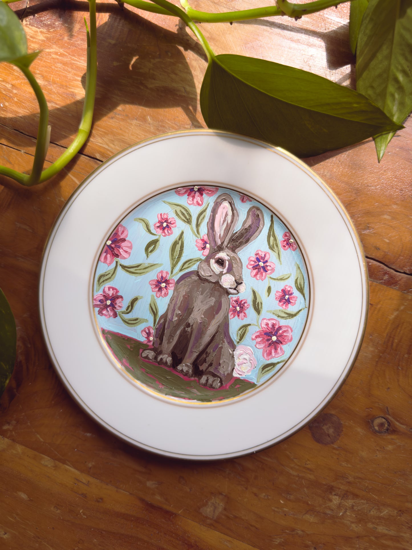 "A Floral Daydream" Original Art | Rabbit & Floral Painting on Ceramic Plate