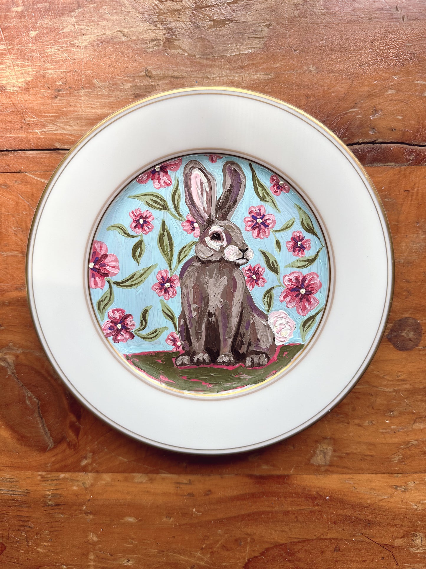 "A Floral Daydream" Original Art | Rabbit & Floral Painting on Ceramic Plate