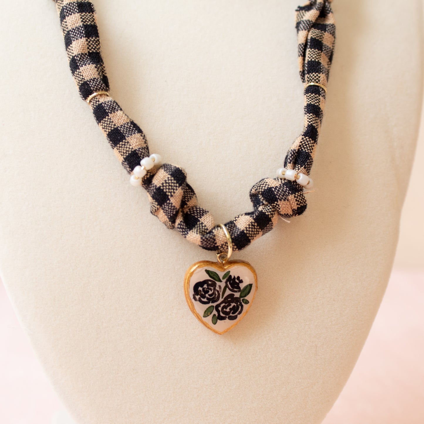 Black Floral Checkered Bandana Necklace