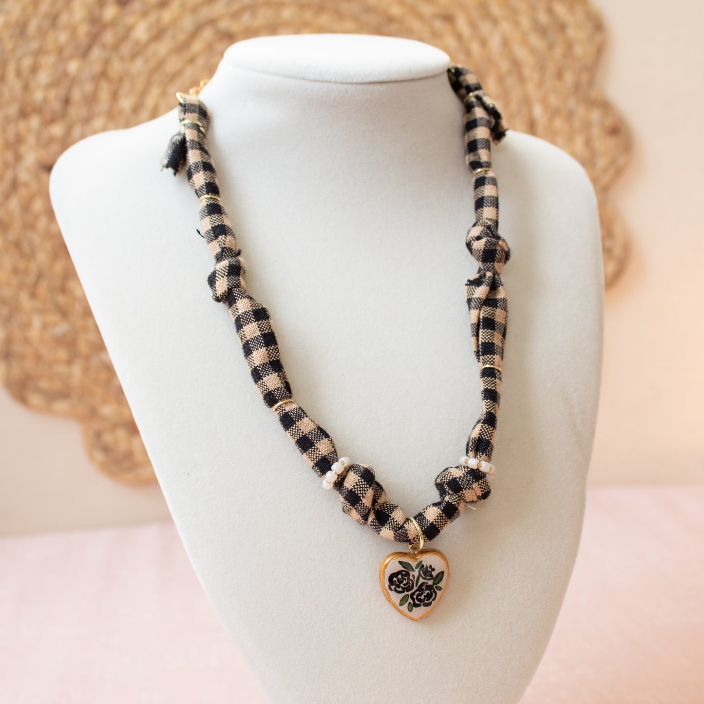 Black Floral Checkered Bandana Necklace