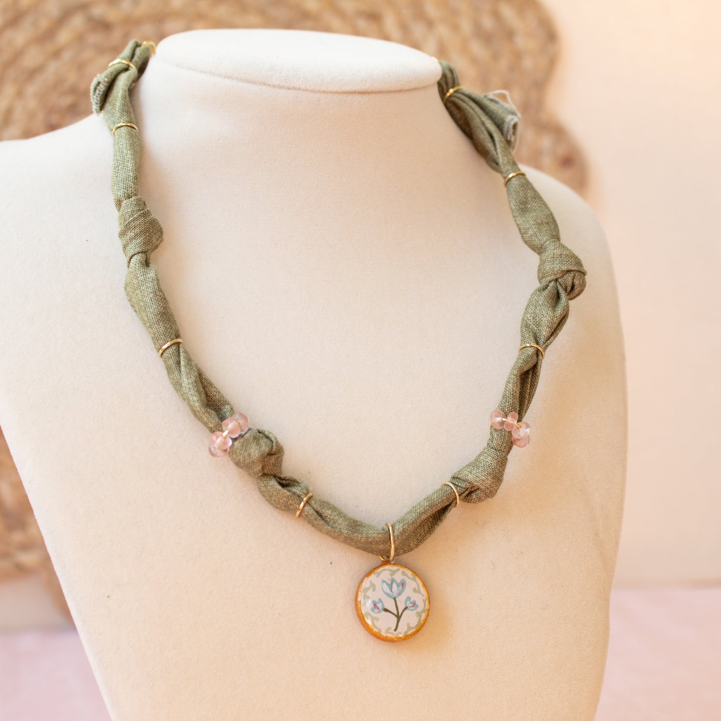 Floral Blue and Sage Bandana Necklace