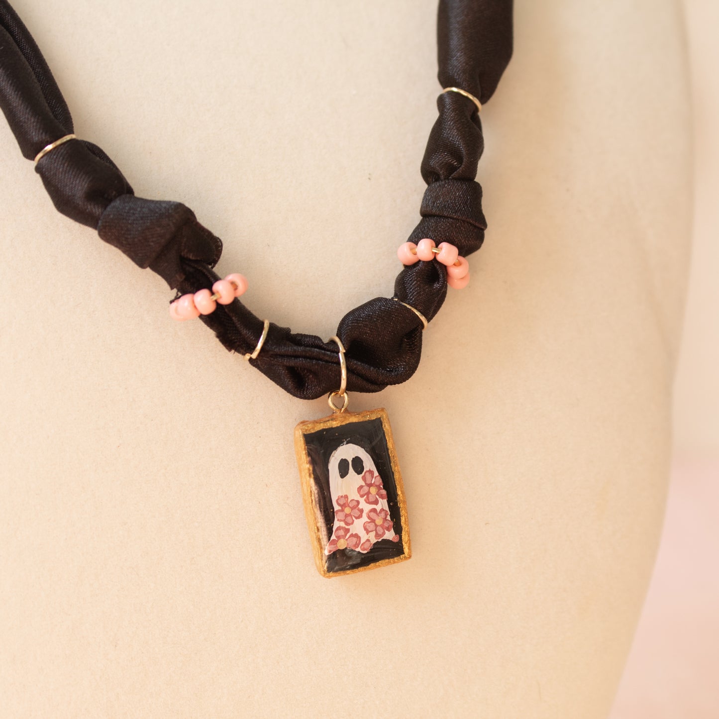 Floral Ghost Bandana Necklace (pink & black)