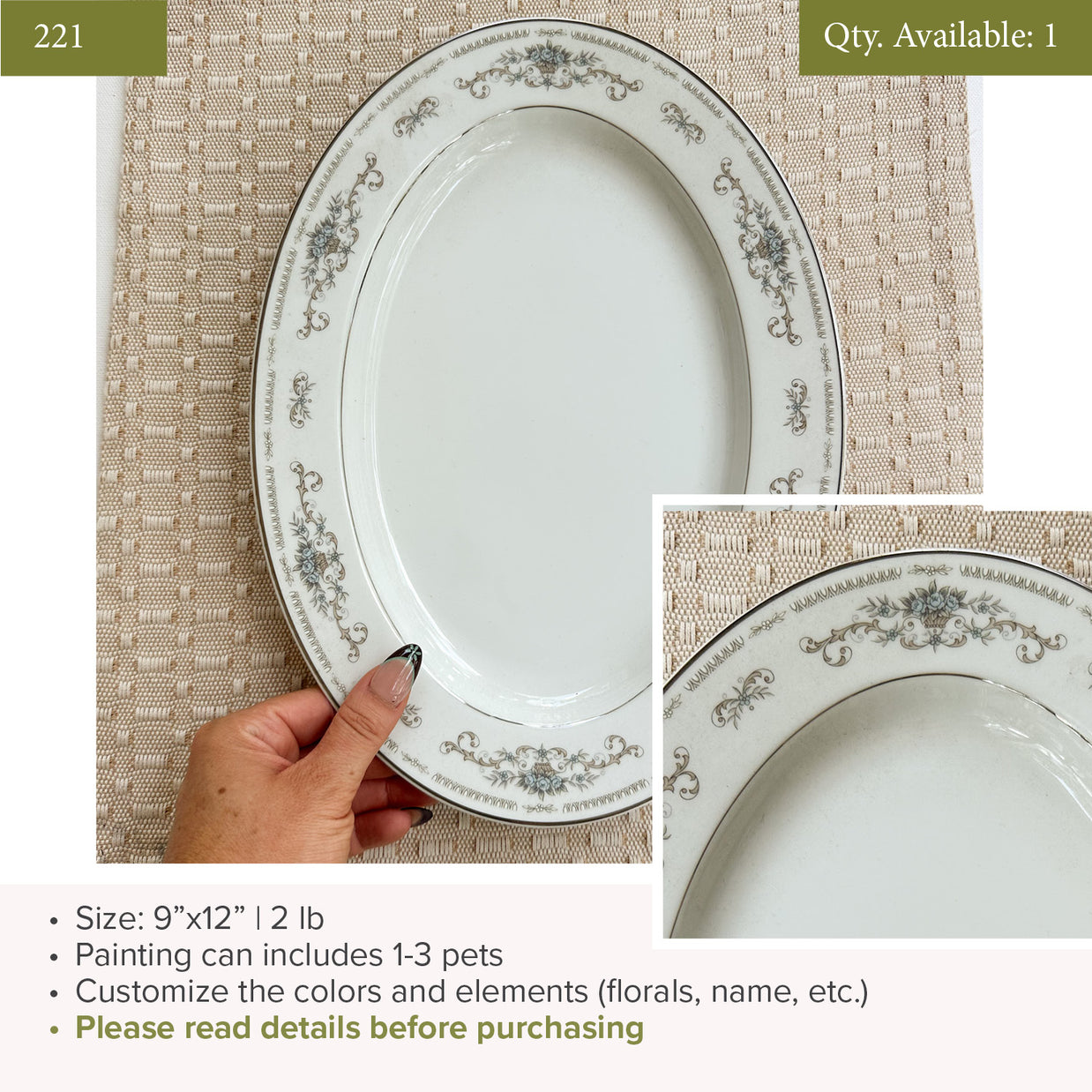Plate 221 | 9"x12" | Fits 1-3 Pets | 1 available