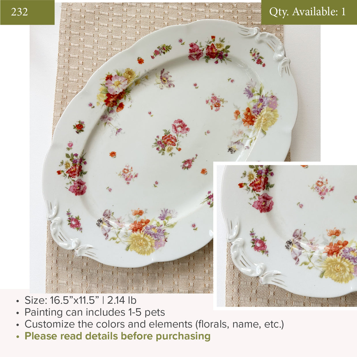 Plate 232 | 16.5"x11.5" | Fits 1-5 Pets | 1 available