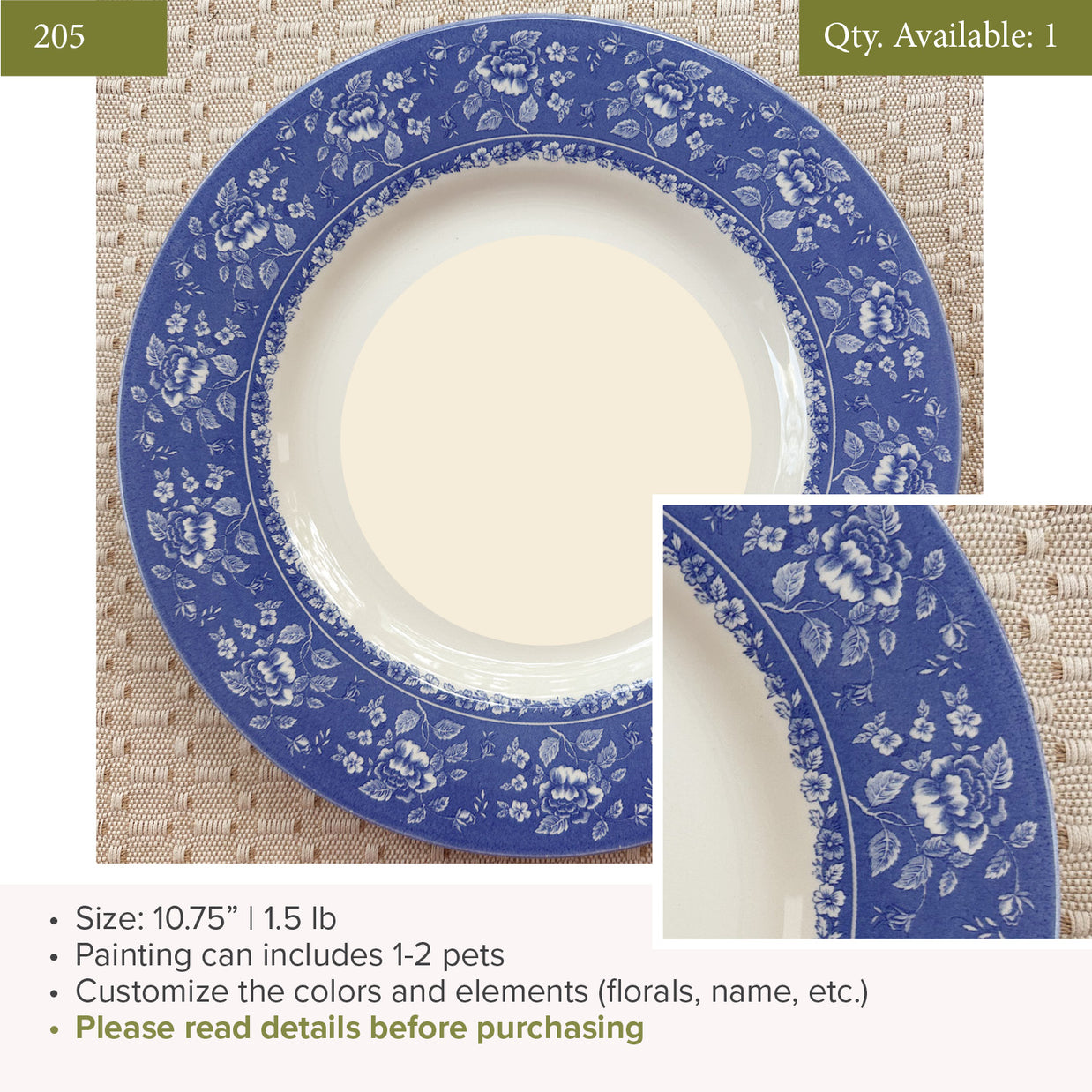 Plate 205 | Blue Rim| 10.75" | Fits 1-2 Pets | 1 available