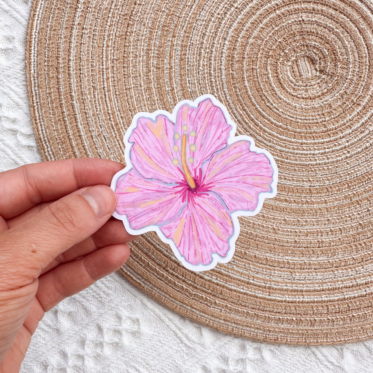 Pink Hibiscus Flower Waterproof Sticker