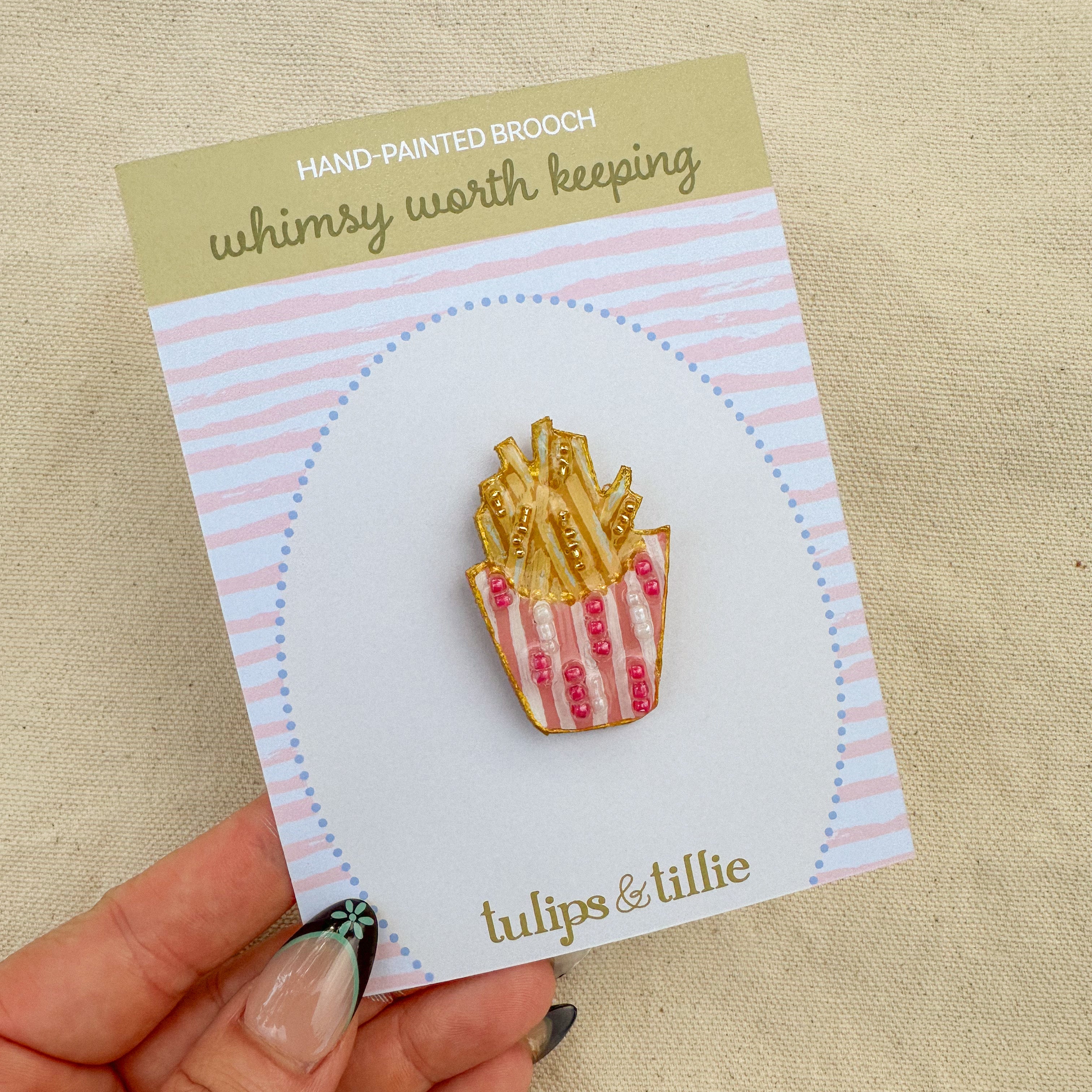 Hand-Painted French Fry Brooch | Mixed Media Wearable Art Pin