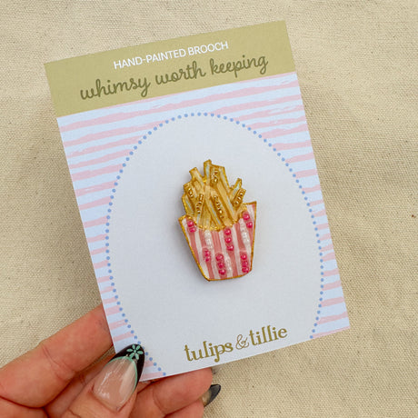 Hand-Painted French Fry Brooch | Mixed Media Wearable Art Pin