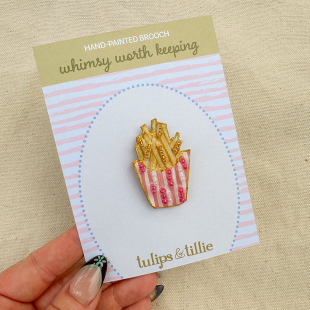 Hand-Painted French Fry Brooch | Mixed Media Wearable Art Pin