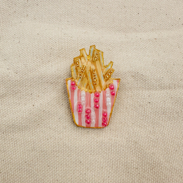 Hand-Painted French Fry Brooch | Mixed Media Wearable Art Pin