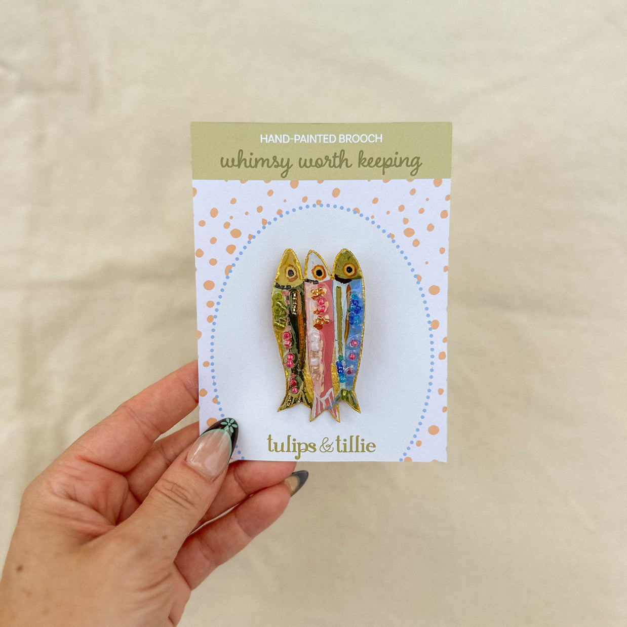 Hand-Painted Sardine Fish Brooch | Mixed Media Wearable Art Pin