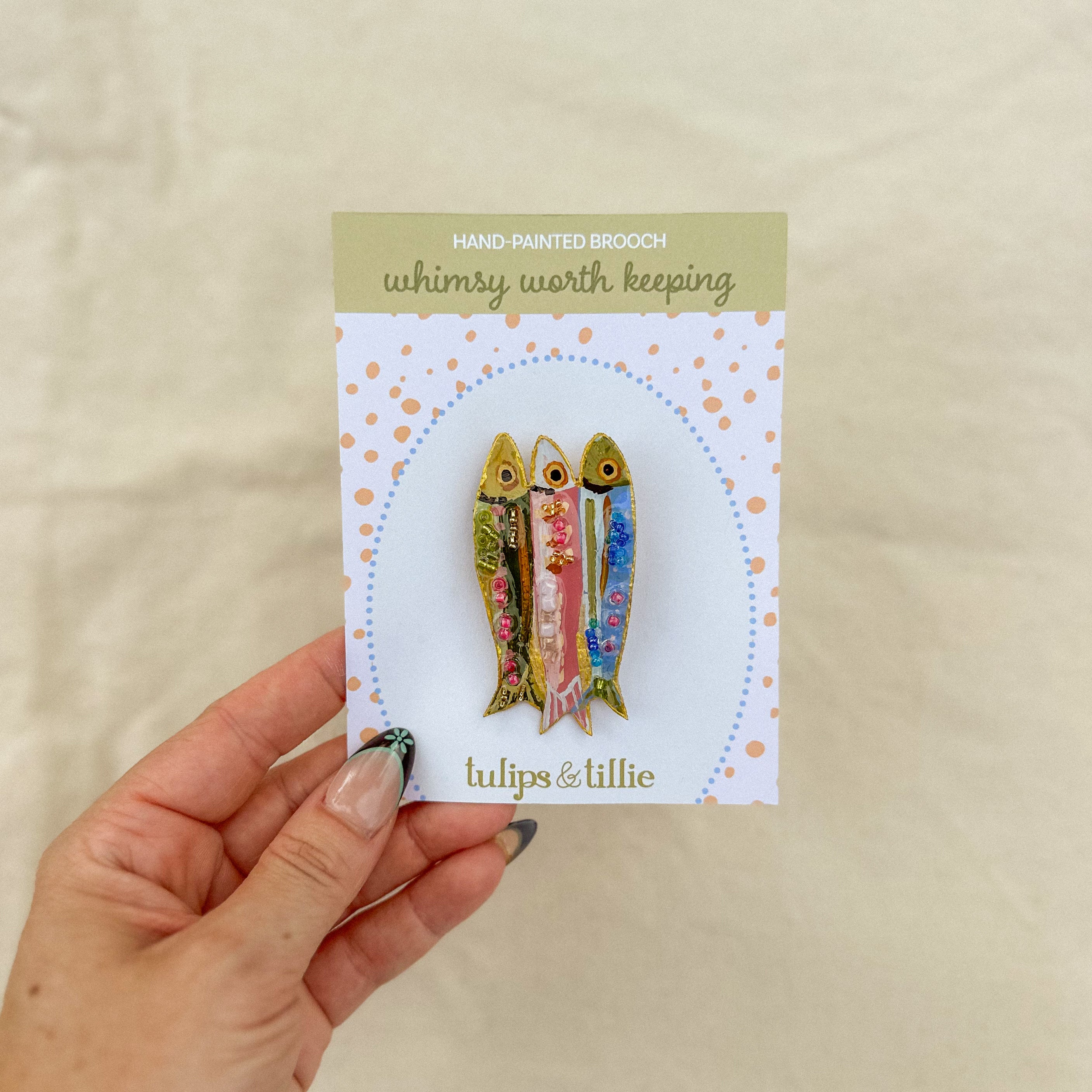 Hand-Painted Sardine Fish Brooch | Mixed Media Wearable Art Pin