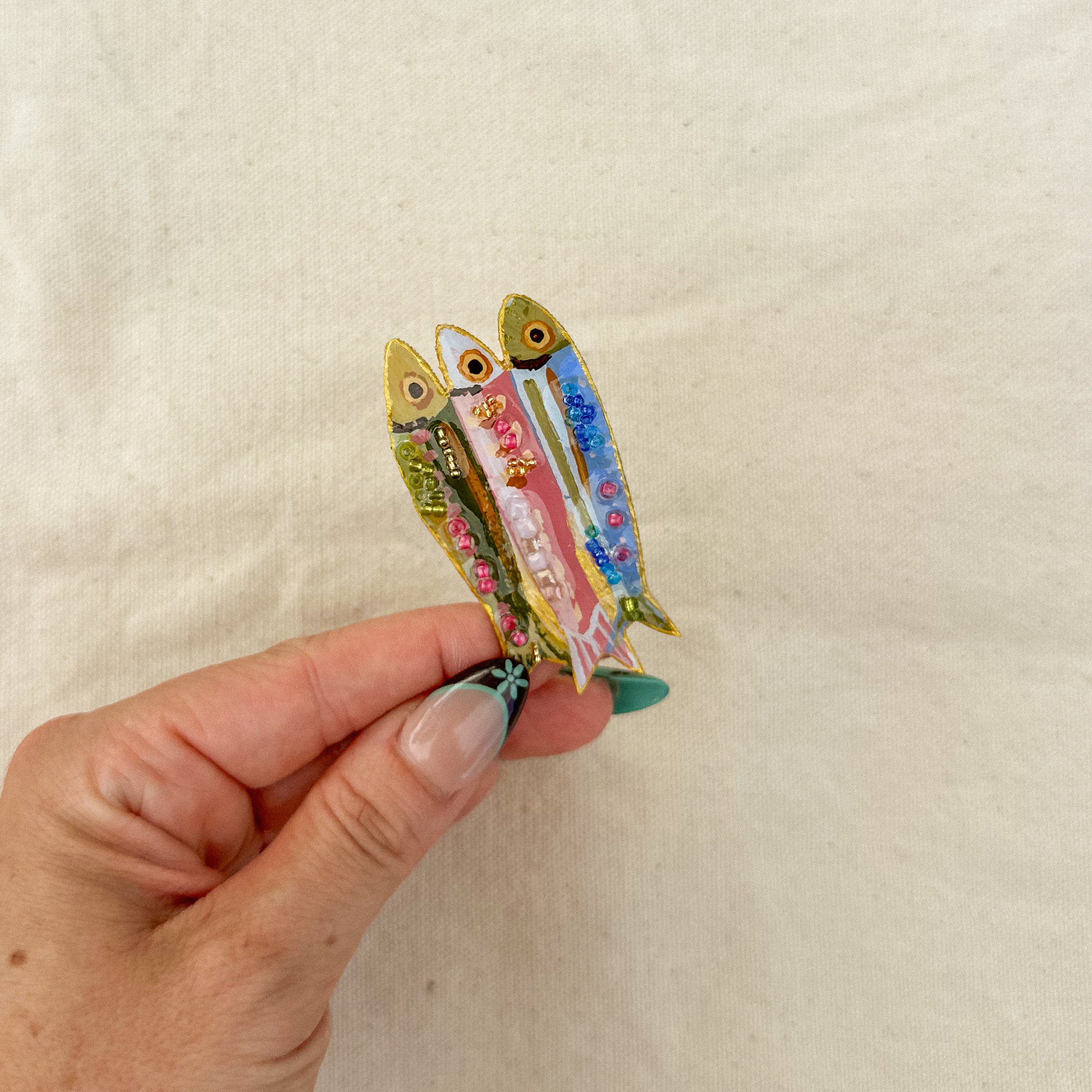 Hand-Painted Sardine Fish Brooch | Mixed Media Wearable Art Pin