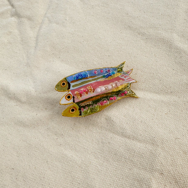 Hand-Painted Sardine Fish Brooch | Mixed Media Wearable Art Pin
