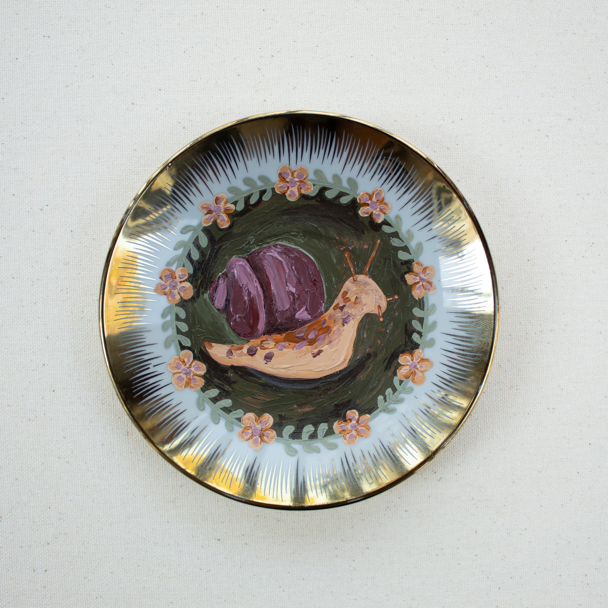 Snail Original Acrylic Painting on Vintage Plate