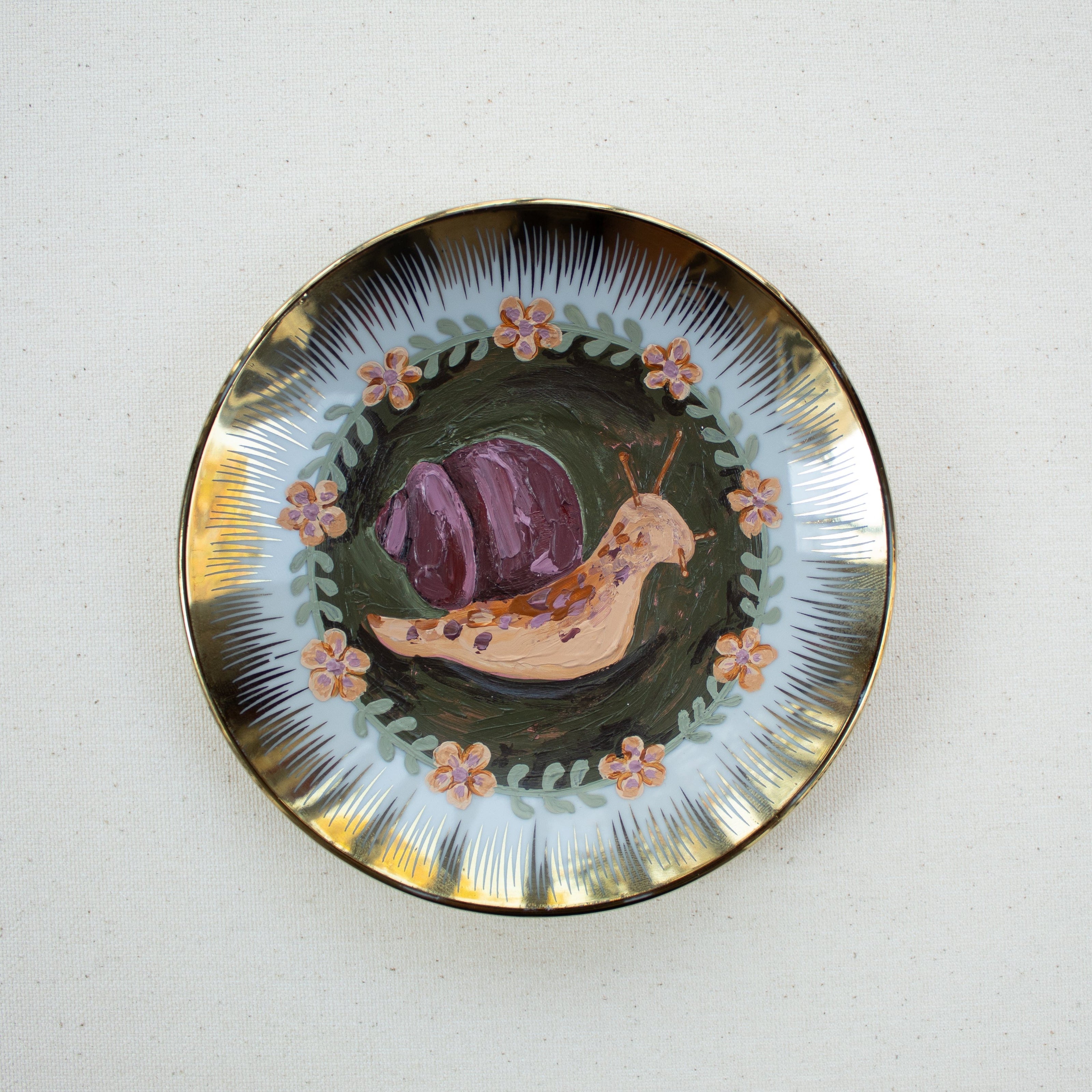 Snail Original Acrylic Painting on Vintage Plate