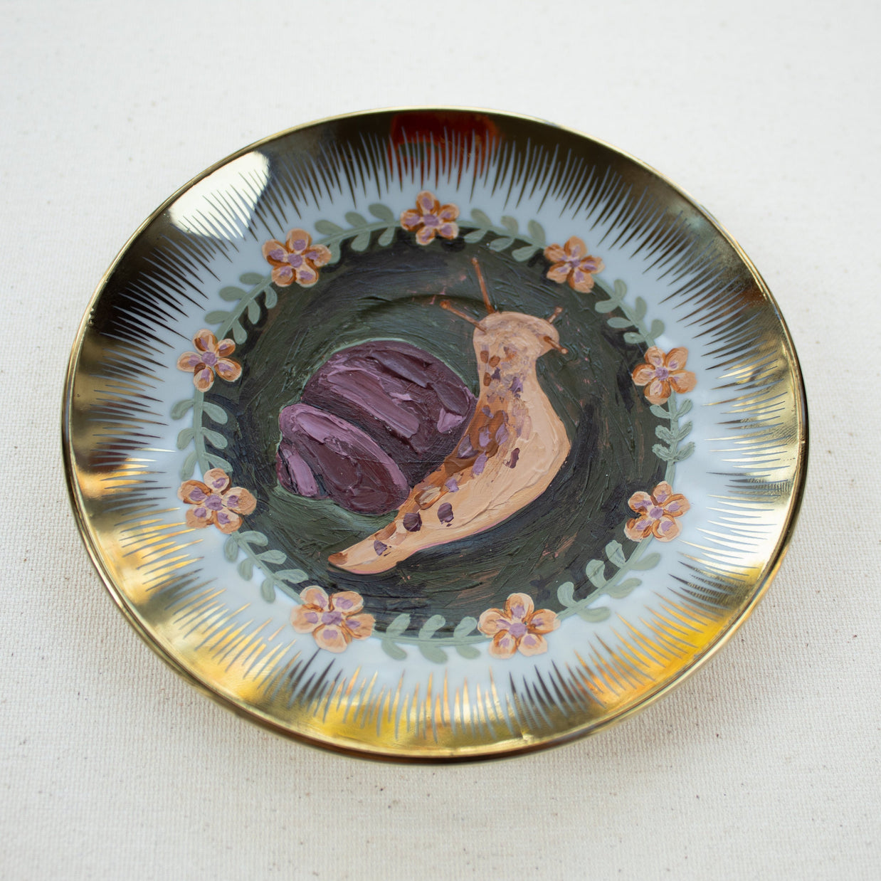 Snail Original Acrylic Painting on Vintage Plate