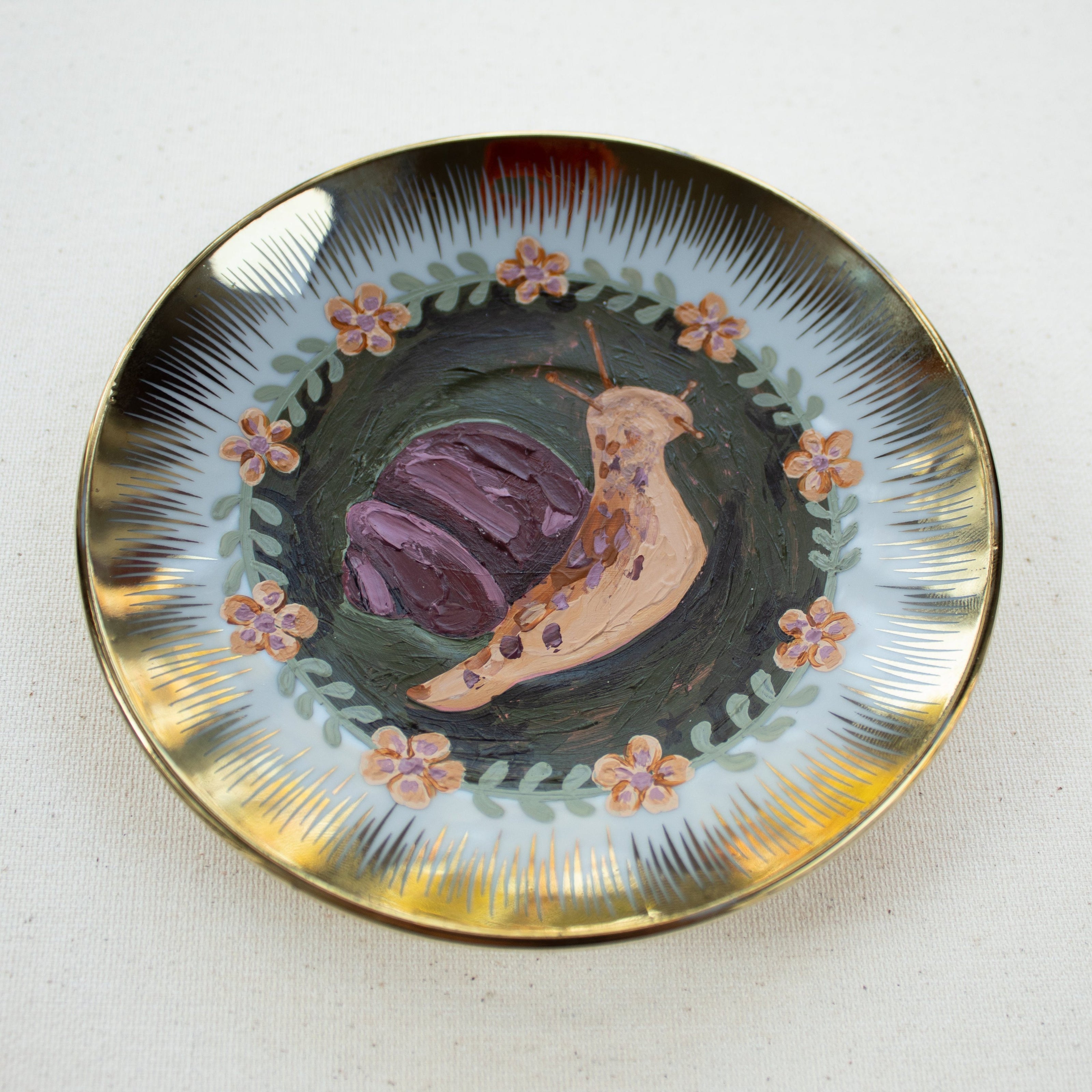Snail Original Acrylic Painting on Vintage Plate