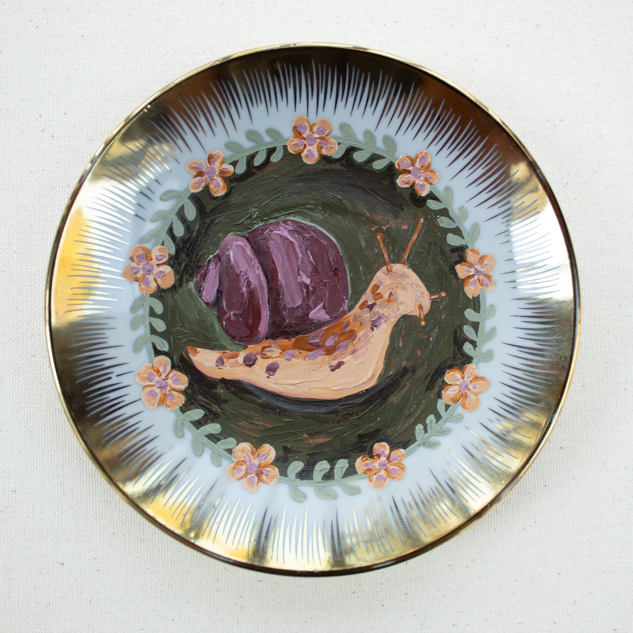 Snail Original Acrylic Painting on Vintage Plate