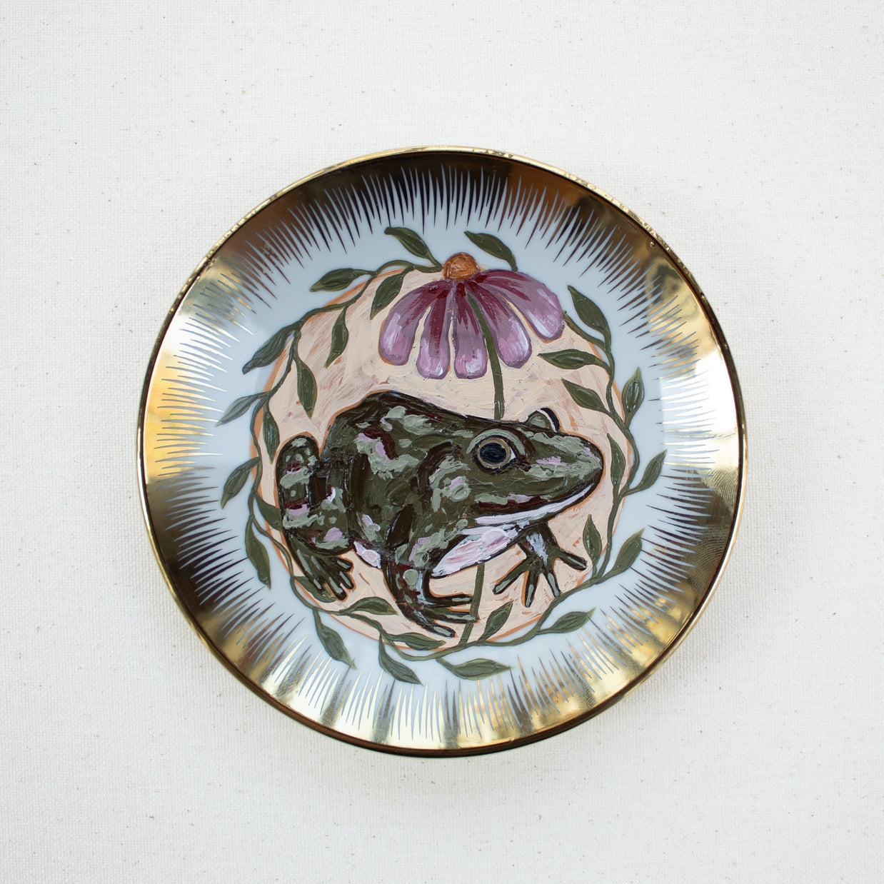 "Lucky Toad" Original Acrylic Painting on Vintage Plate