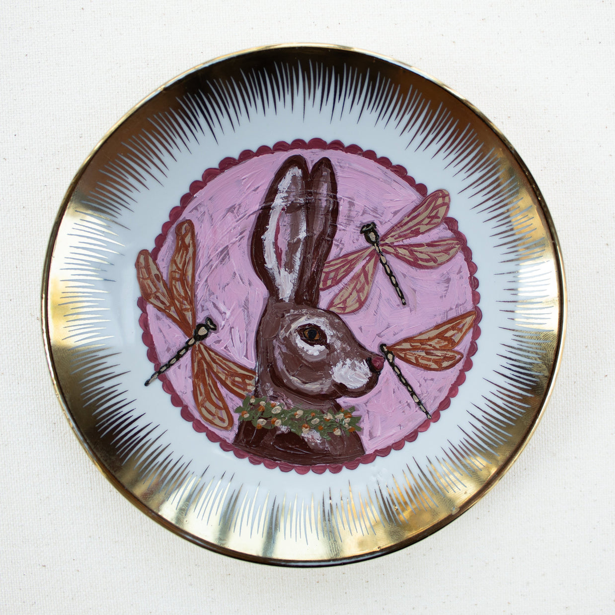 "Daydreams" Rabbit Original Acrylic Painting on Vintage Plate