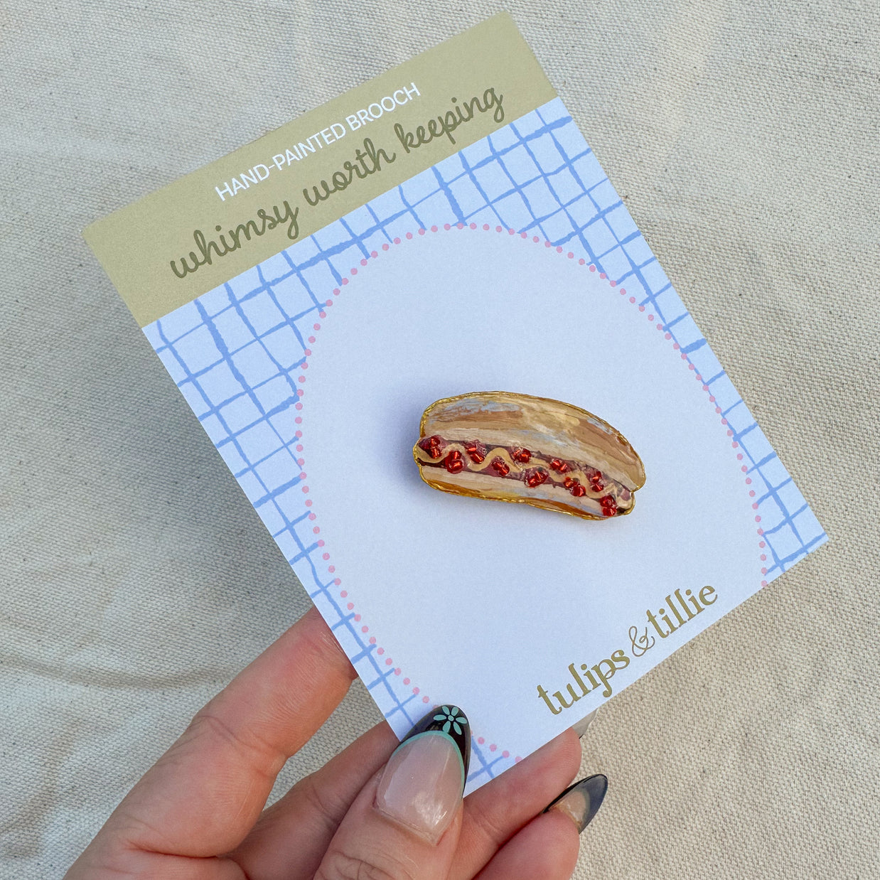 Hand-Painted Hotdog Brooch | Mixed Media Wearable Art Pin